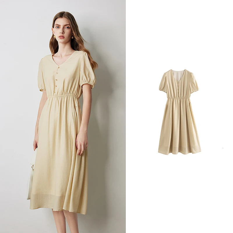 Vestido Midi com Decote V e Manga Bufante Acetinado