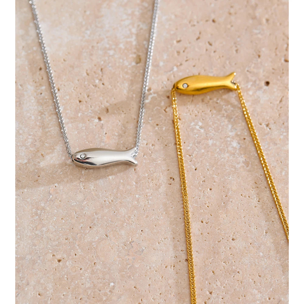 Yhpup Chic Stainless Steel Zircon Fish Pendant Necklace Gold & Platinum PVD Plated Waterproof Exquisite Jewelry Gift for Women