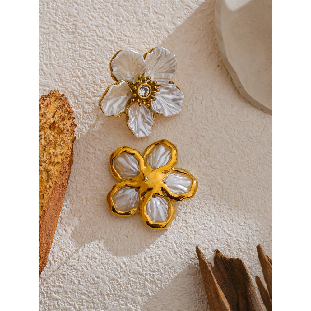 Brinco Flor com Resina Aço Inoxidável Ouro de Pino