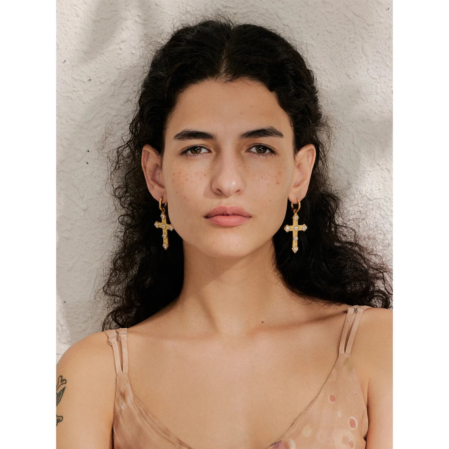 Yhpup Trending Bling Cubic Zirconia Classic Cross Drop Hoop Earrings 18K Gold Color PVD Plated Stainless Steel Exquisite Jewelry