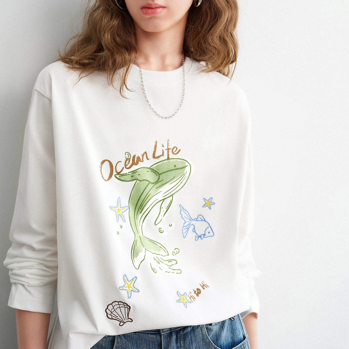 Blusa Feminina de Algodão Manga Longa com Estampa Golfinho