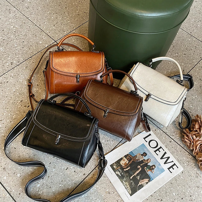 Bolsa Transversal Feminina Vintage de Couro Legítimo Café Minimalista Quadrada