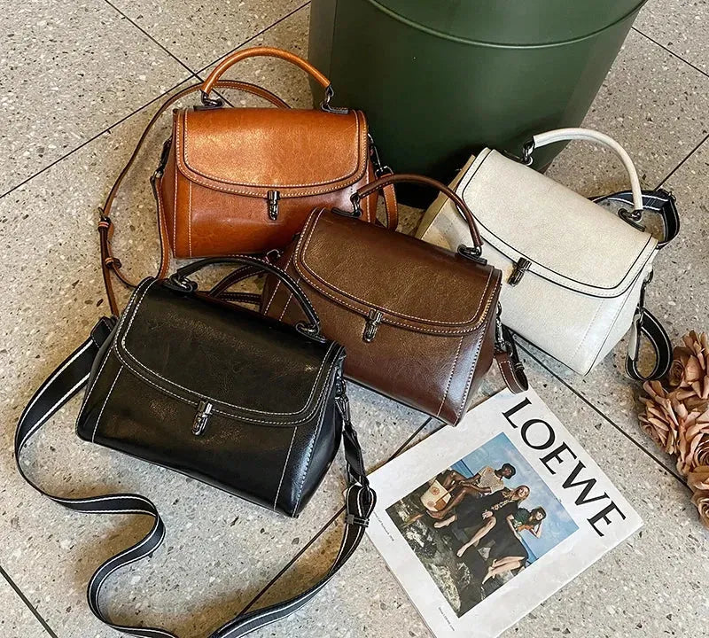 Bolsa feminina vintage de couro legítimo estilo carteiro quadrada minimalista marrom