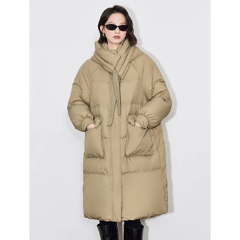 Casaco Puffer Feminino Longo com Capuz e Gola de Pelo Verde