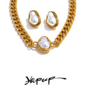 Yhpup Popular Baroque Simulated Pearls Golden Cuban Chain Necklace Earrings Vintage Stainless Steel Elegance Jewelry Gift