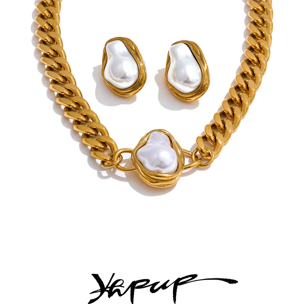 Yhpup Popular Baroque Simulated Pearls Golden Cuban Chain Necklace Earrings Vintage Stainless Steel Elegance Jewelry Gift