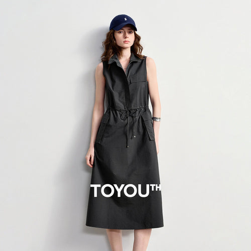 Vestido Midi Cinza-Chumbo Utilitário com Bolsos