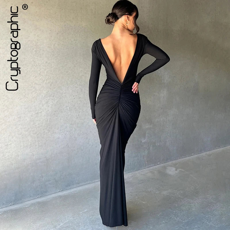 Vestido Longo Feminino de Tricô com Decote V e Franzidos