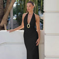 Elegant Women's Halter Curvy Long Dress V Neck Lace-up Backless Maxi Dresses Evening Wedding Guest Holiday Summer Yellow White Black