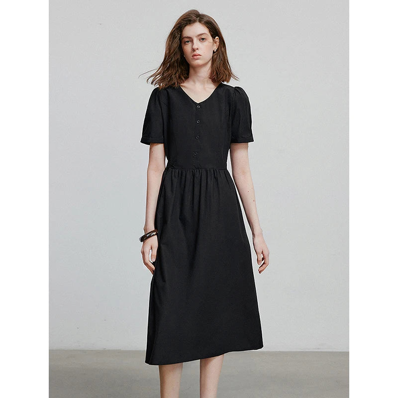 Vestido Midi com Decote V e Manga Bufante Verde