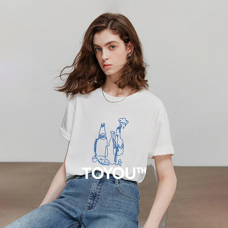 Camiseta Feminina Casual com Bordado Cartoon
