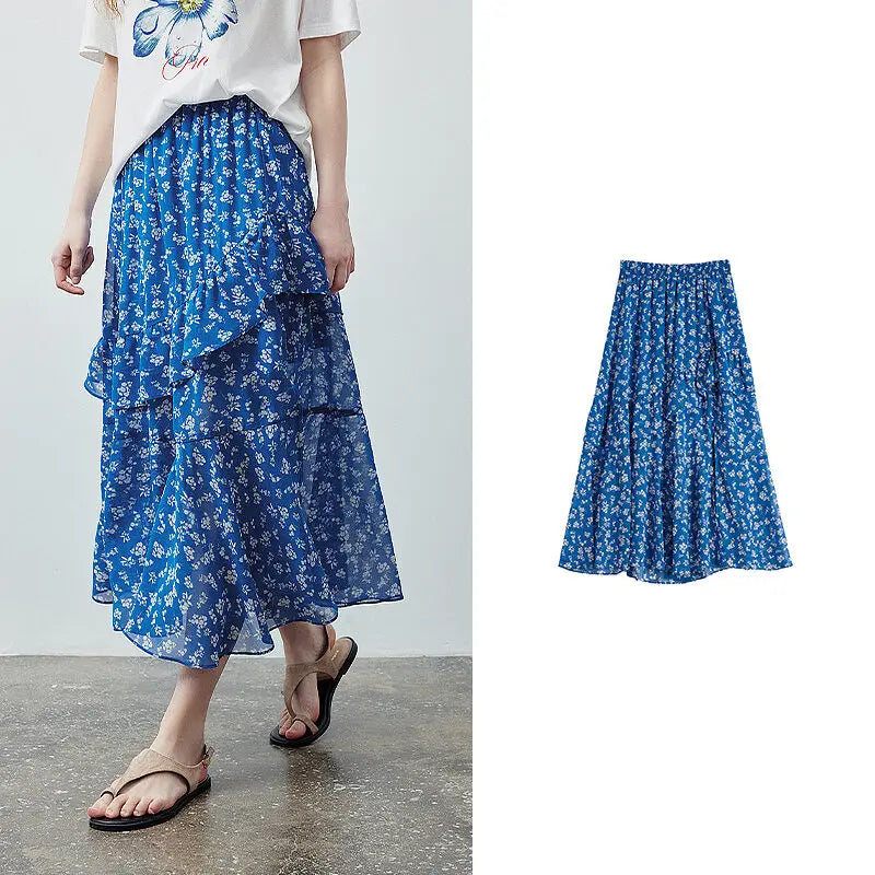 Saia Midi Feminina Floral Assimétrica