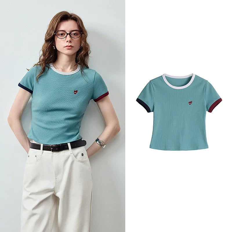 Camiseta Feminina Cropped Assimétrica Color Block