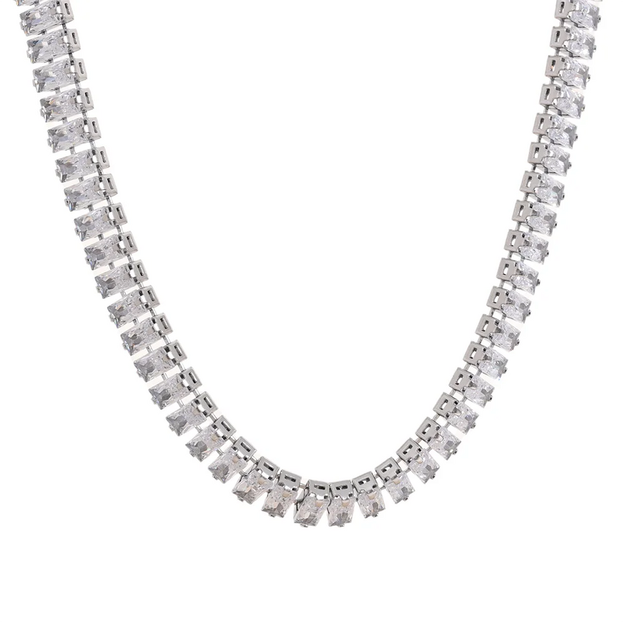 Yhpup Pull-out Adjustable Luxury Colorful Cubic Zirconia Chain Necklace Stainless Steel Waterproof Fashion Bling Jewelry Women YH2346A P-White