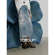 Saia Jeans Midi Feminina Estampada Cintura Alta