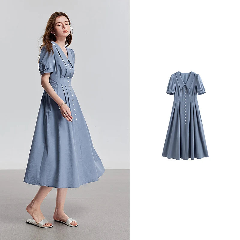 Vestido Midi com Gola Peter Pan e Manga Curta Blue