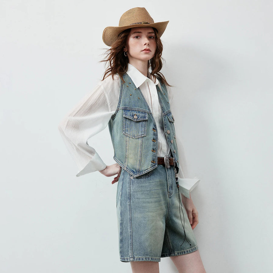 Colete Jeans Feminino Cropped 100% Algodão com Rebites