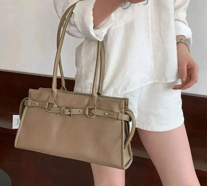 Bolsa feminina de couro legítimo vintage estilo baguete para ombro longo