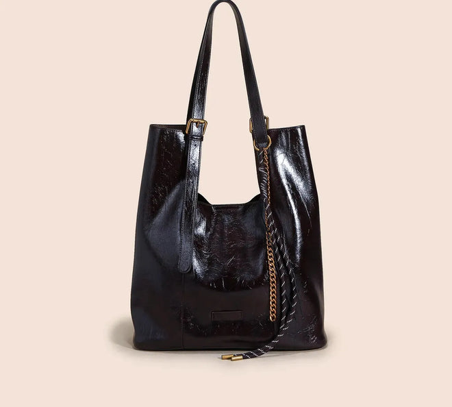Bolsa Feminina de Couro Legítimo Grande Formato Bucket Vintage para Ombro