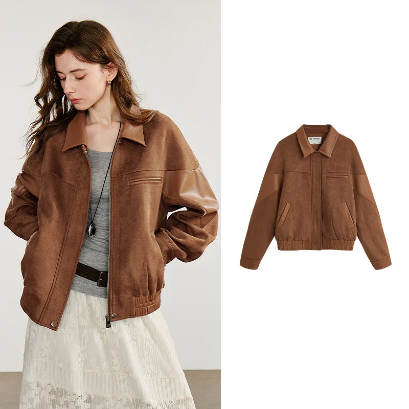 Jaqueta Feminina de Couro PU e Suede com Recortes Brown