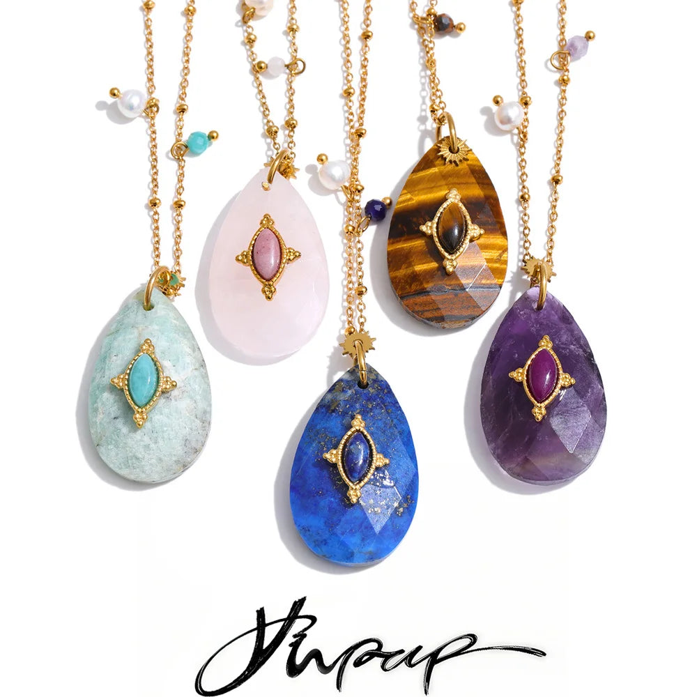 Yhpup 32mm Natural Stone Amazonite Tiger Aventurine Amethyst Drop Pendant Necklace for Women Stainless Steel France Jewelry Gift