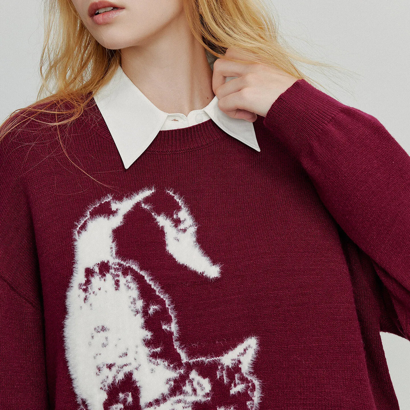 Suéter Bordô com Jacquard de Gato