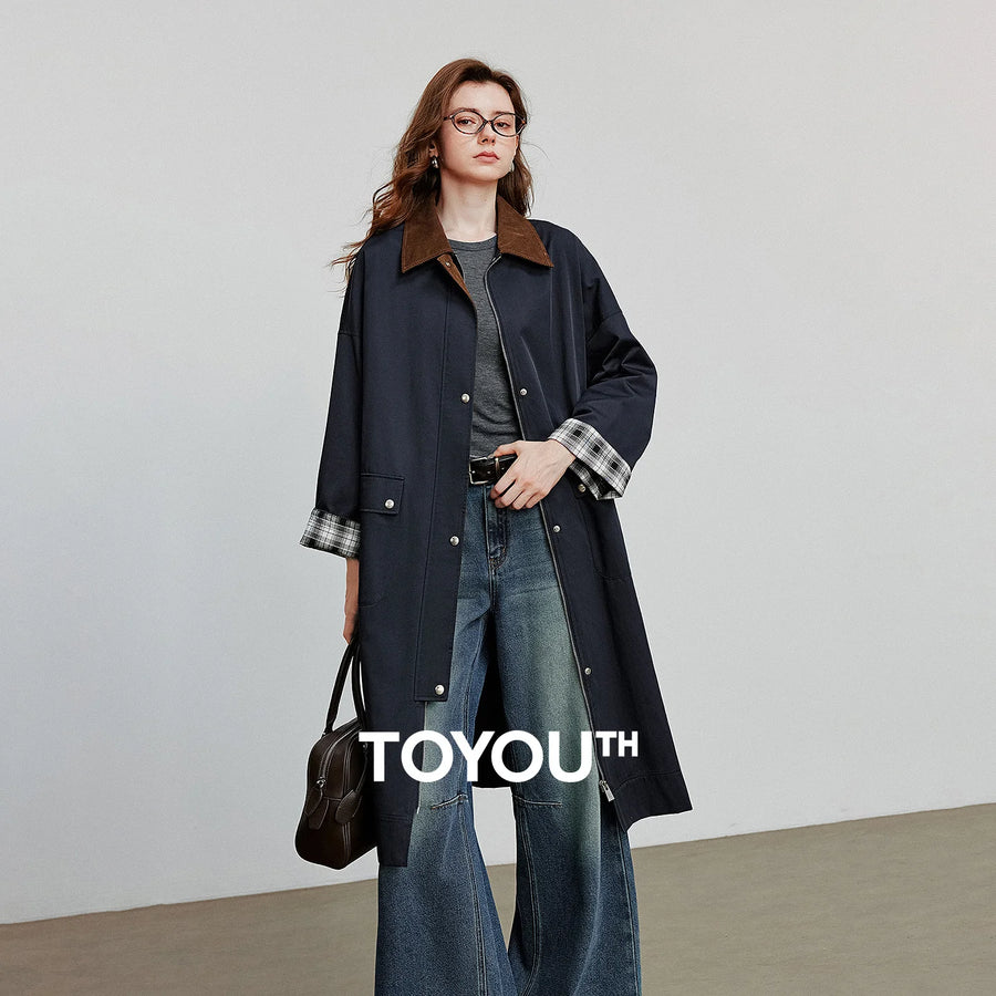 Trench Coat Feminino Longo Xadrez com Gola de Cotelê
