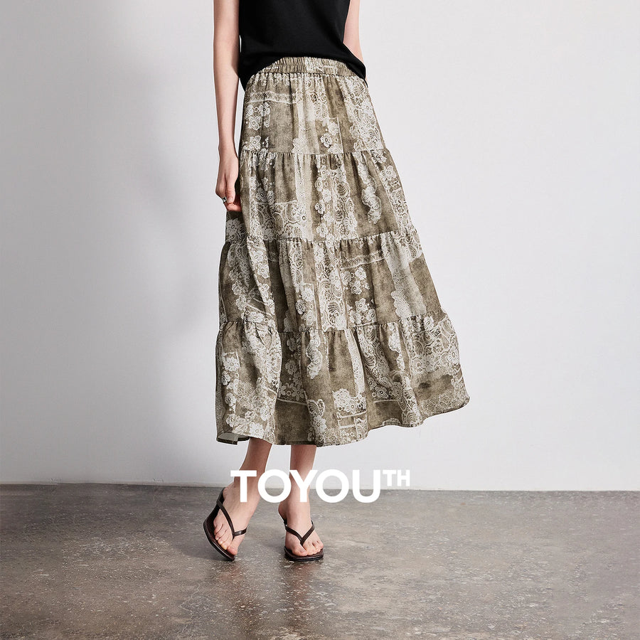 Saia Midi Feminina Floral em Camadas