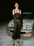 Sexy Spaghetti Strap V Neck Lace Long Dress Women Black Floral Lace Sleeveless Bodycon Dresses Elegant Evening Celebrity Party