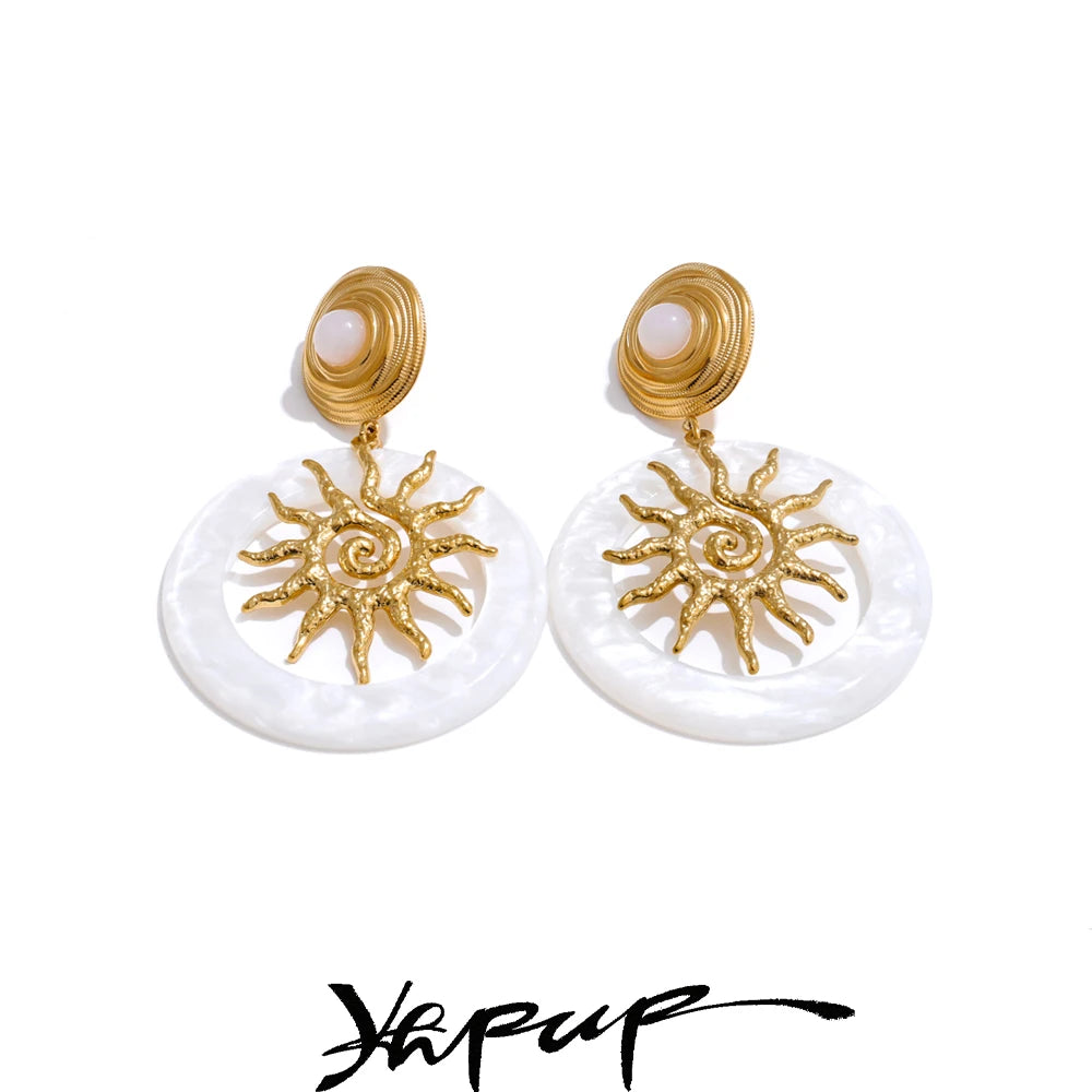Yhpup Hot Style Metal Sun Round Acrylic Drop Dangle Light Earrings Trending Stainless Steel Charm Daily Jewelry Ear Accessories