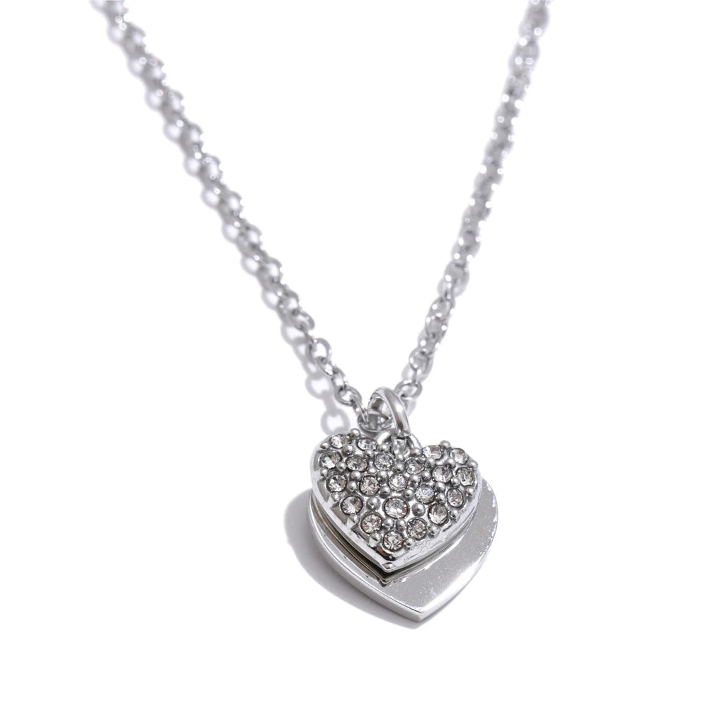 Colar Feminino de Camadas Coração com Zircônia em Aço 316L Prata