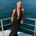 Elegant Women's Halter Curvy Long Dress V Neck Lace-up Backless Maxi Dresses Evening Wedding Guest Holiday Summer Yellow White