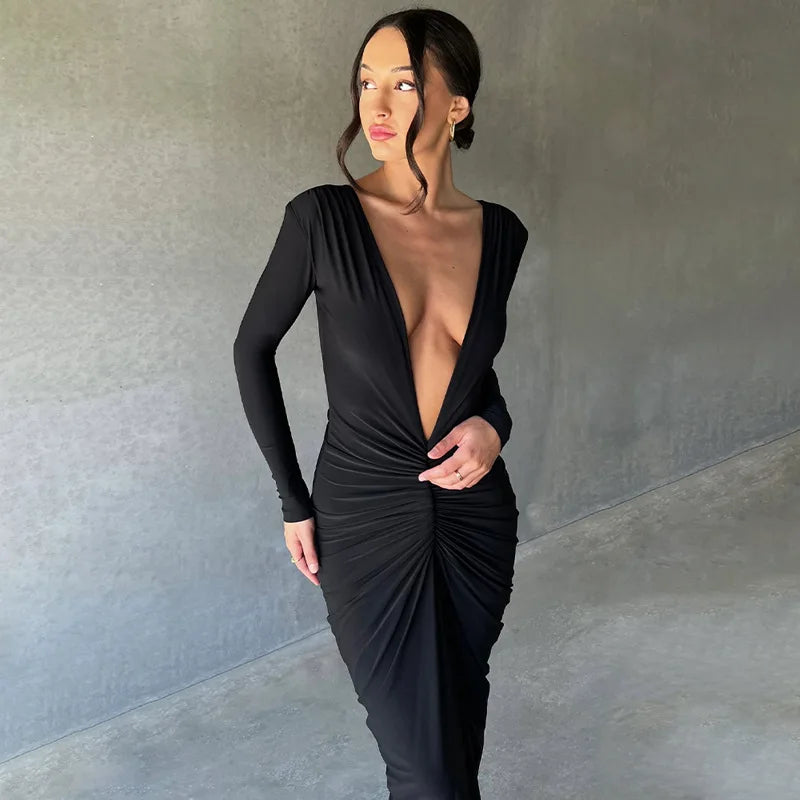 Vestido Longo Feminino de Tricô com Decote V e Franzidos