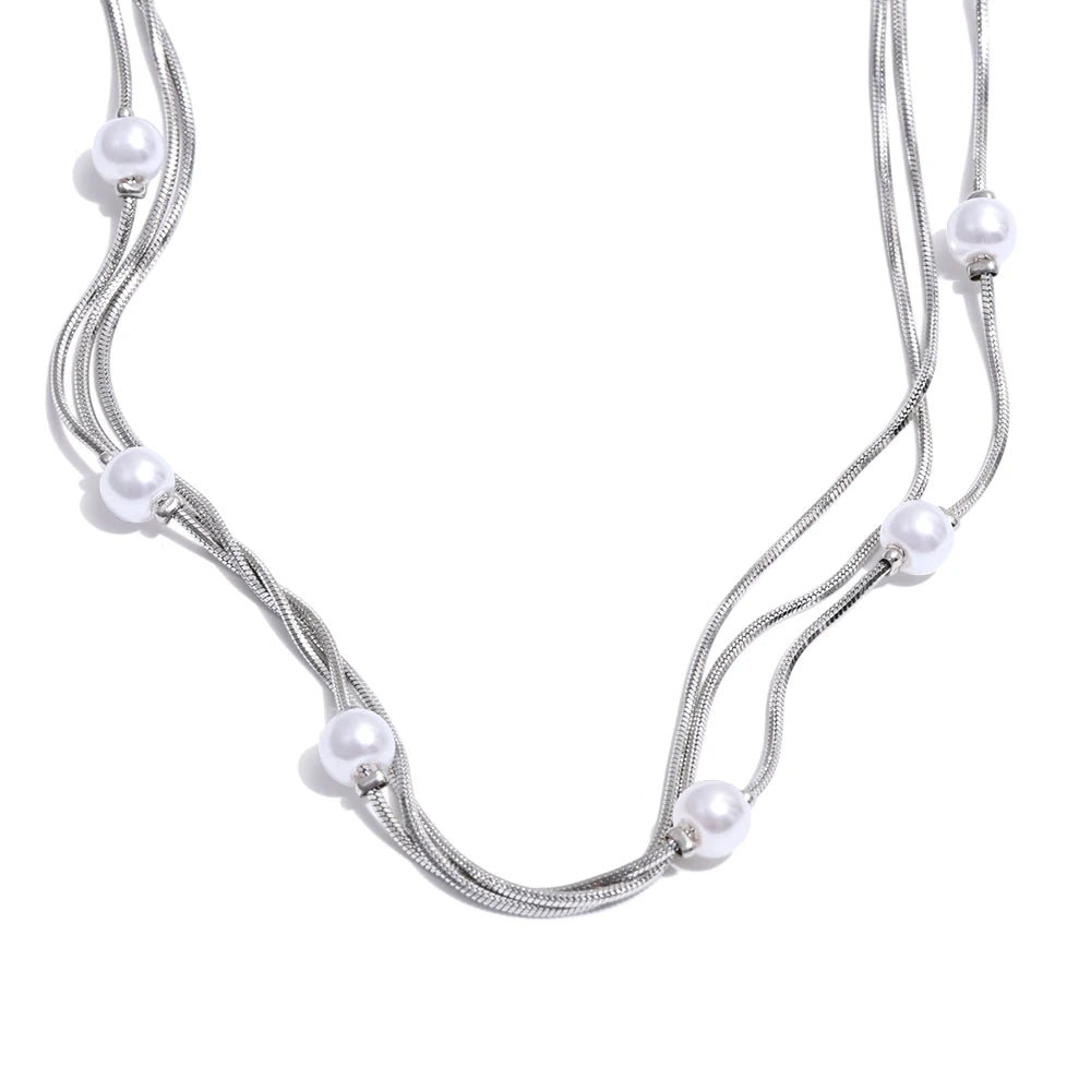 Colar Feminino de Camadas Quadrado com Pérola em Aço Inoxidável YH988A Platinum