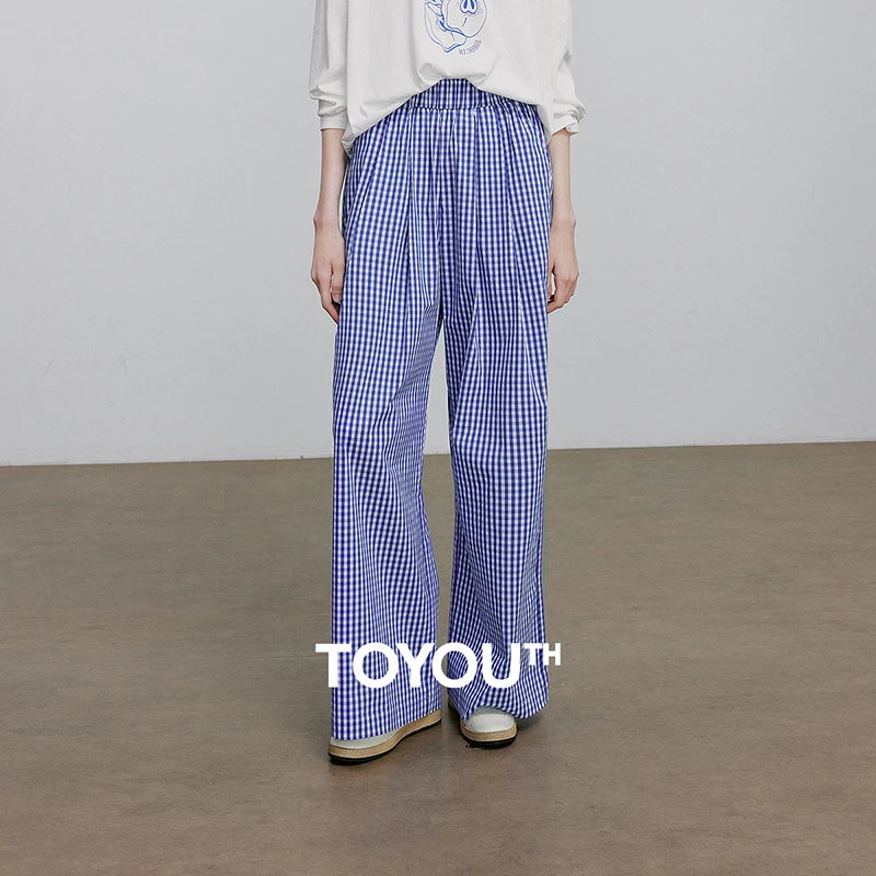 Calça Wide Leg Feminina Xadrez com Cós Elástico