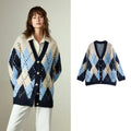 Cardigan Feminino de Tricô Argyle Nórdico com Decote V Blue
