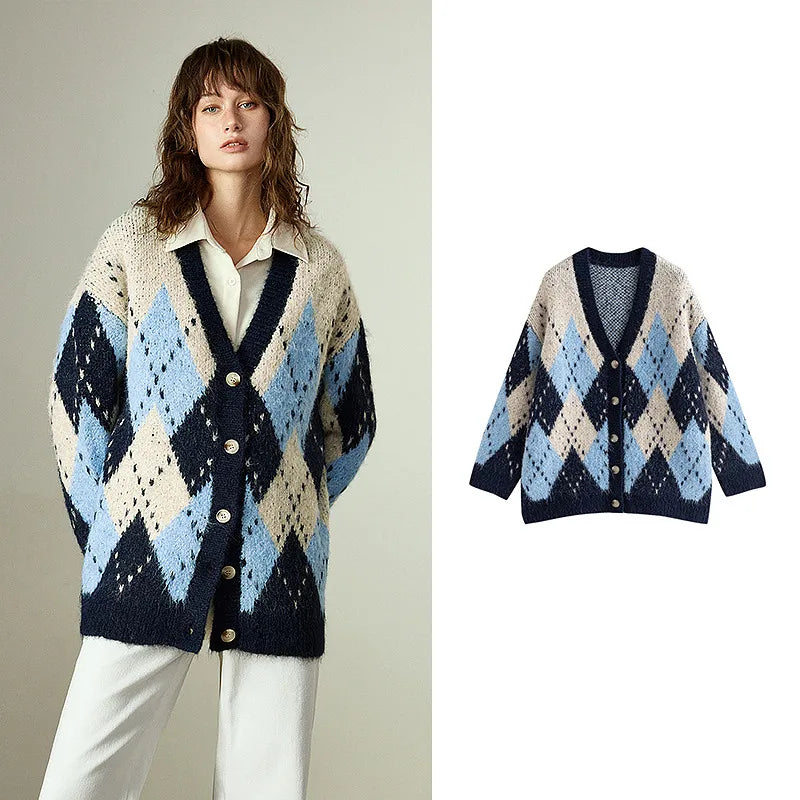 Cardigan Feminino de Tricô Argyle Nórdico com Decote V Blue