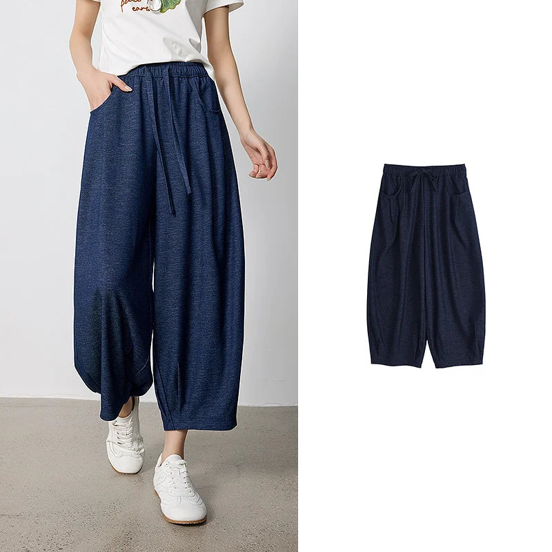 Calça Barrel Feminina Cropped com Cós Elástico
