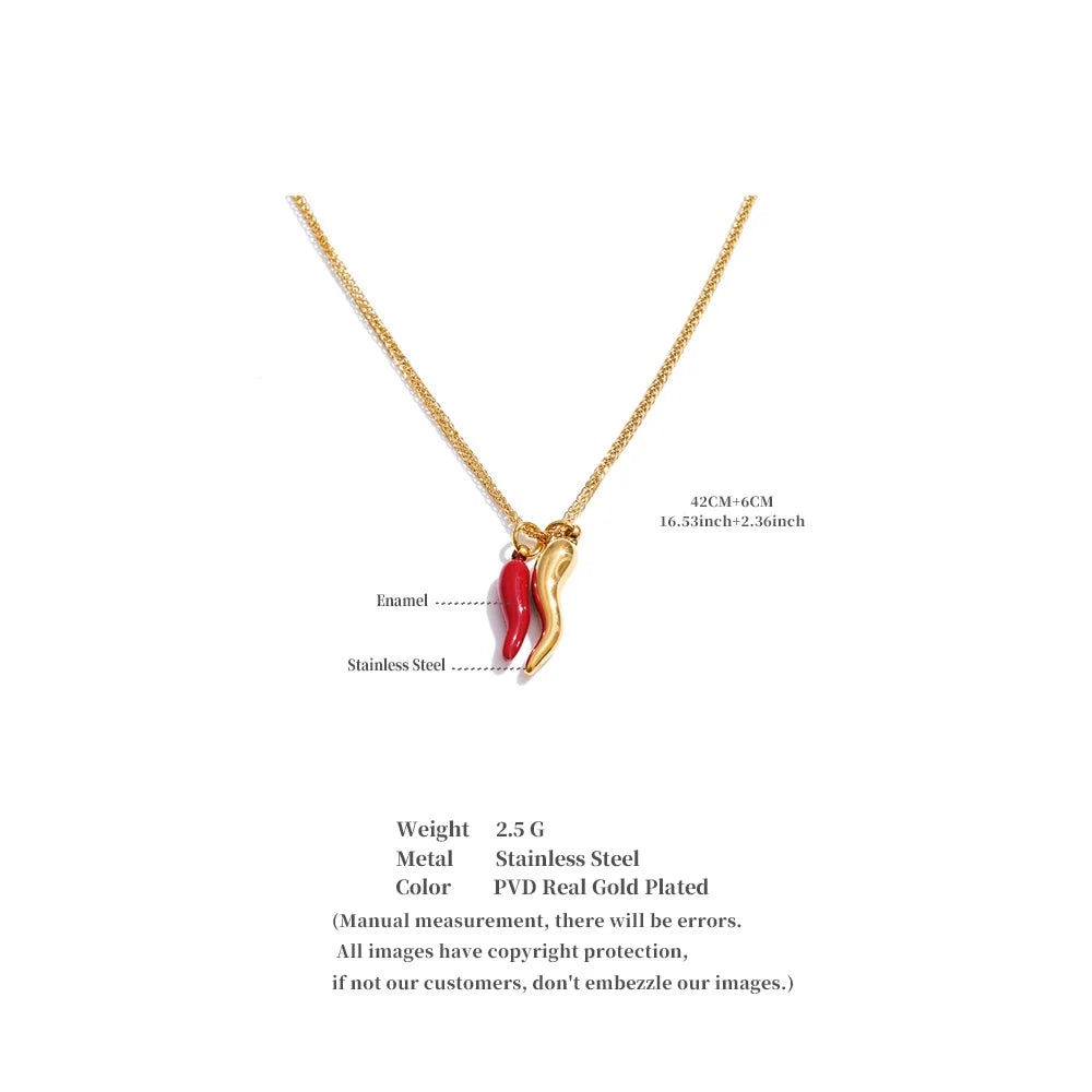 Yhpup Stainless Steel Enamel Red Chili Necklace Pendant Stylish Unique Chic Collar Jewelry Gold & Platinum PVD Plated Waterproof