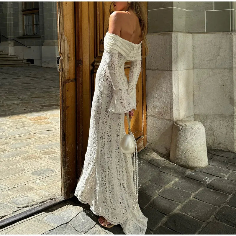 Women's Elegant Lace Up Flared Sleeve Long Dress Fashion Hollow Out Off Shoulder Bodycon Vestidos 2024 Lady New Beach Partywear