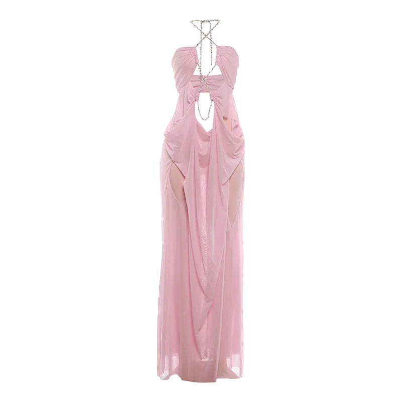 Vestido Longo Feminino de Chiffon com Recortes e Decote V Pink