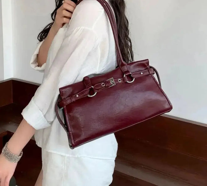 Bolsa feminina de couro legítimo vintage estilo baguete para ombro longo