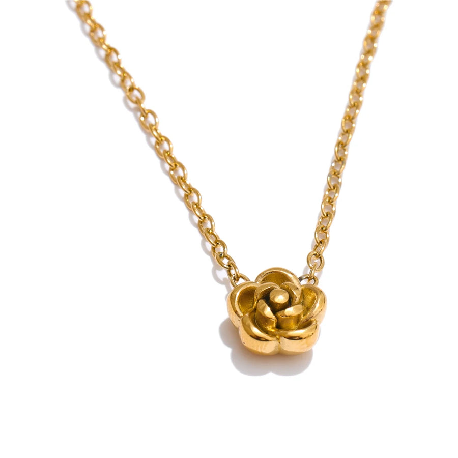 Yhpup Chic Stainless Steel Rose Flower Chain Necklace Bracelet Earrings Set Gold & Platinum PVD Waterproof Plated Daily Jewelry YH5508A G-Necklace