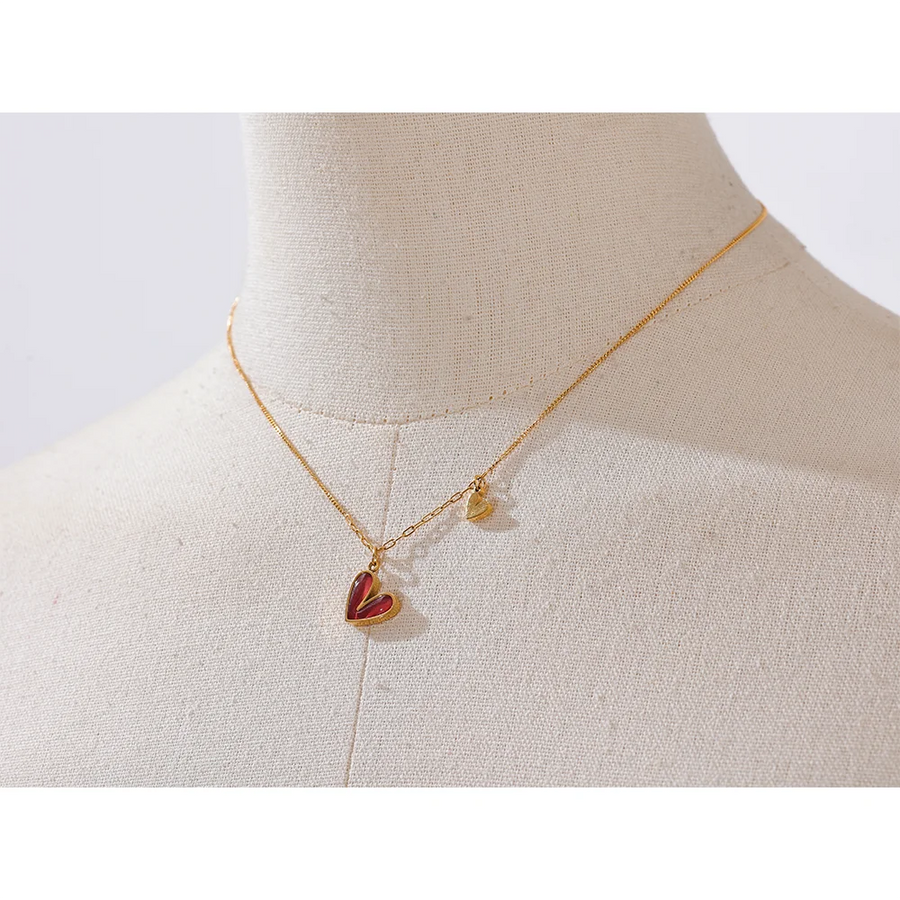Yhpup Red Enamel White Natural Shell Stainless Steel Heart Pendant Necklace Trendy Exquisite Jewelry Attractive Accessories