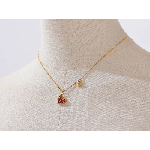Yhpup Red Enamel White Natural Shell Stainless Steel Heart Pendant Necklace Trendy Exquisite Jewelry Attractive Accessories