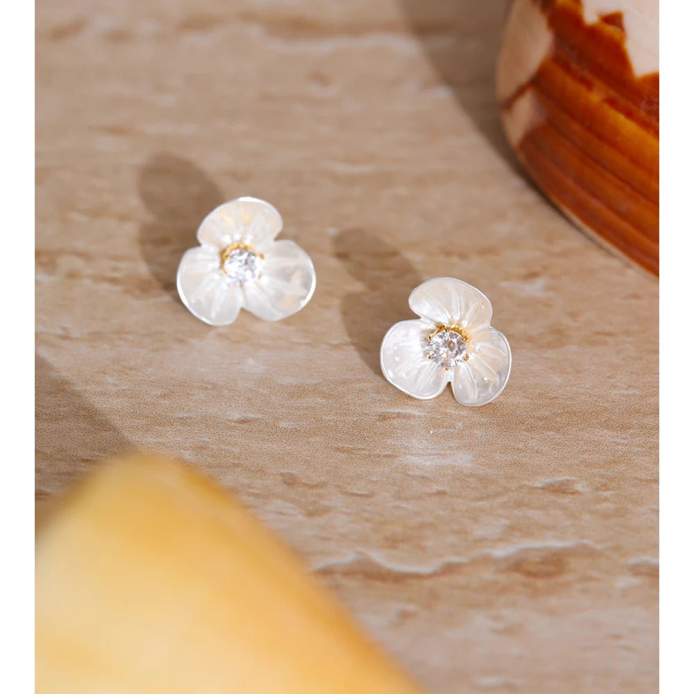 Brinco Flor com Zircônia Aço Inoxidável Ouro