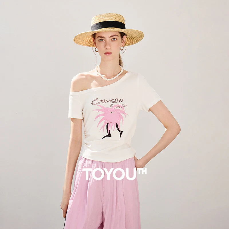 Camiseta Feminina Assimétrica Ombro a Ombro Estampada