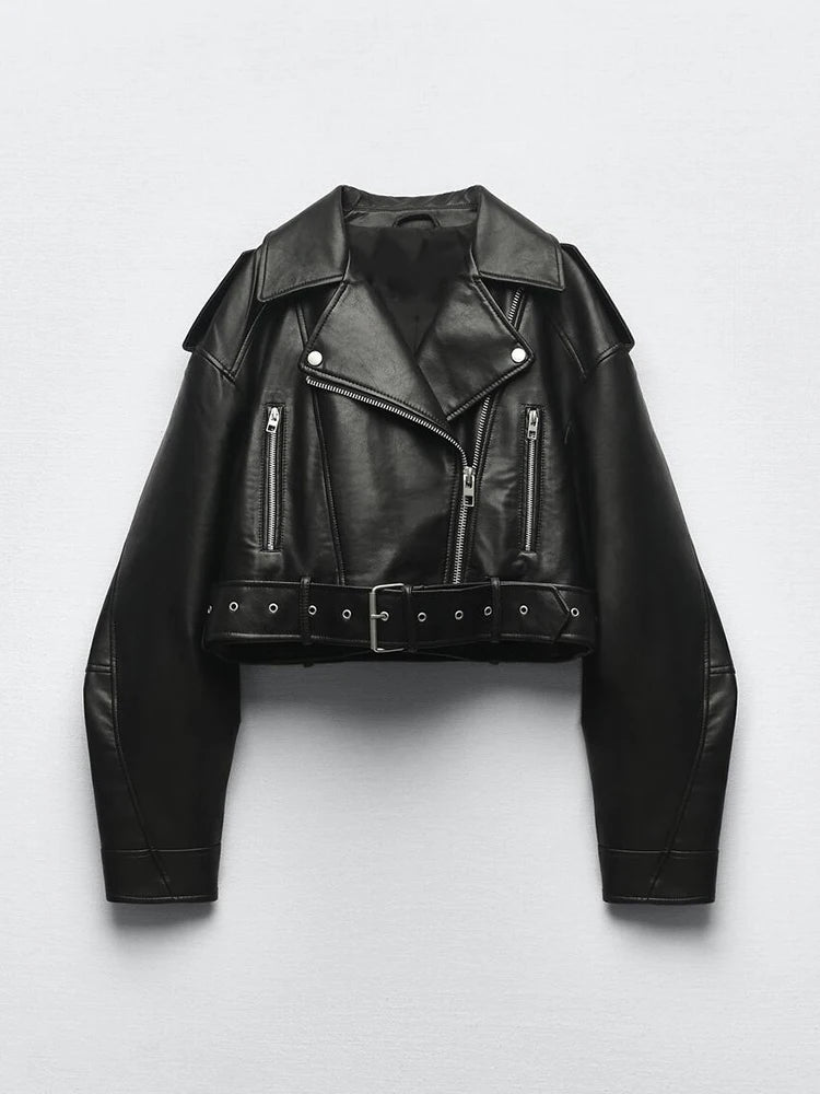 Jaqueta Biker Feminina em Couro Sintético com Cinto Black