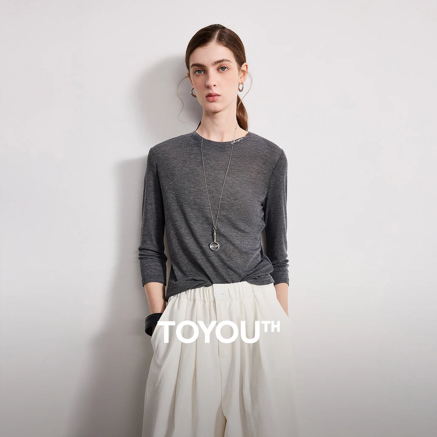 TOYOUTH Women Wool T-Shirt 2026 Spring New Crew Neck Embroidered Three-Quarter Sleeve Slim Cloud-Feel Top