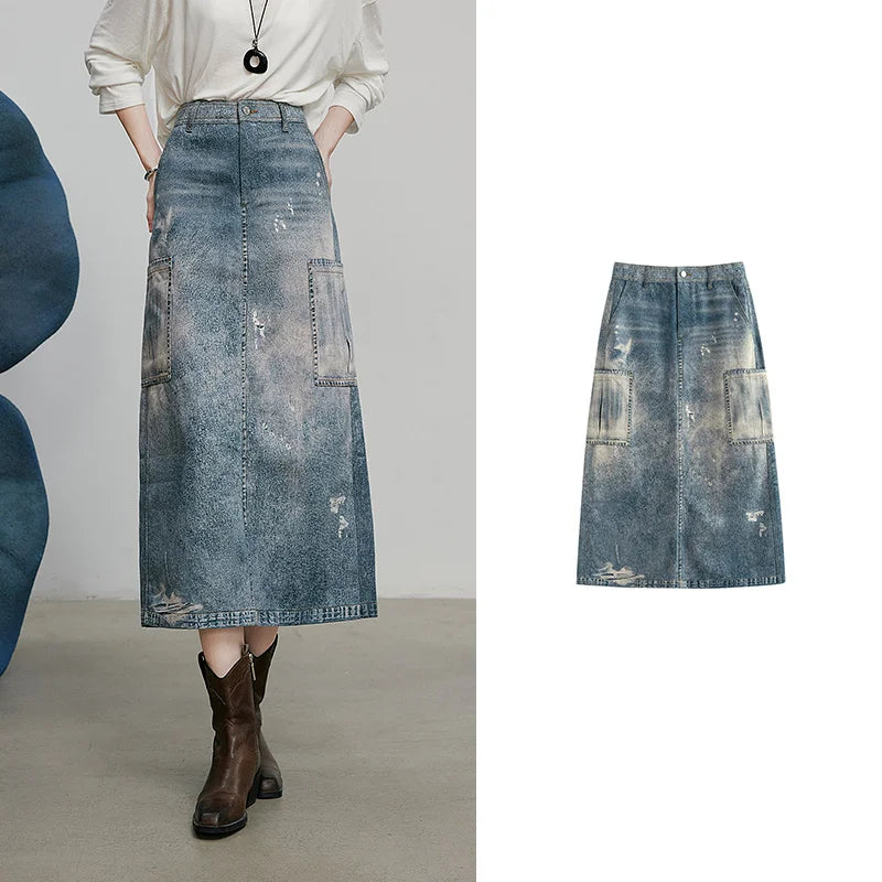 Saia Jeans Midi Feminina Estampada Cintura Alta